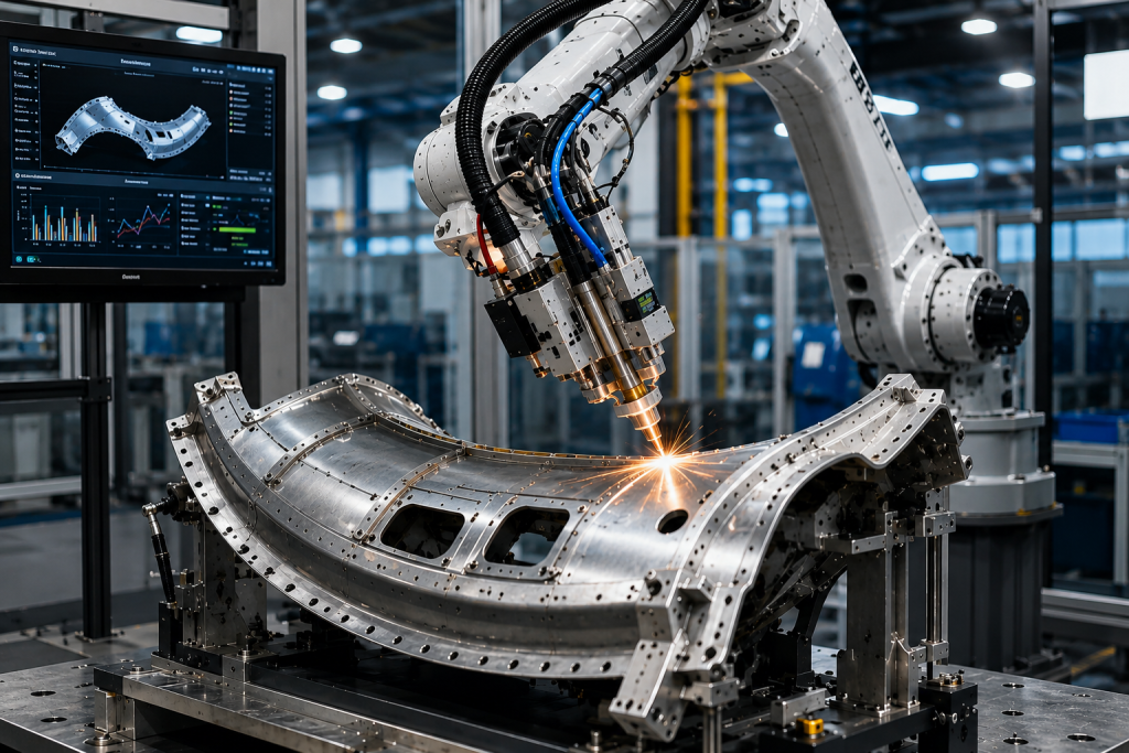 Automated robotic laser welding cell processing a curved titanium aerospace assembly with high-precision optical tracking
