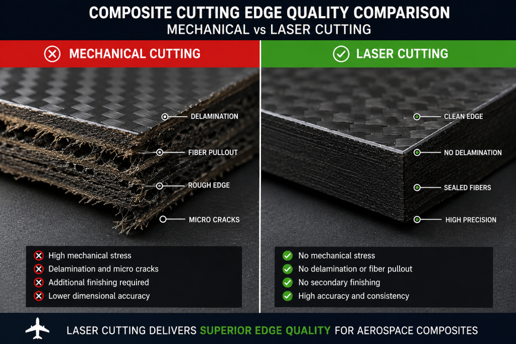 "Composite cutting edge quality comparison — mechanical vs laser cutting composite aerospace."