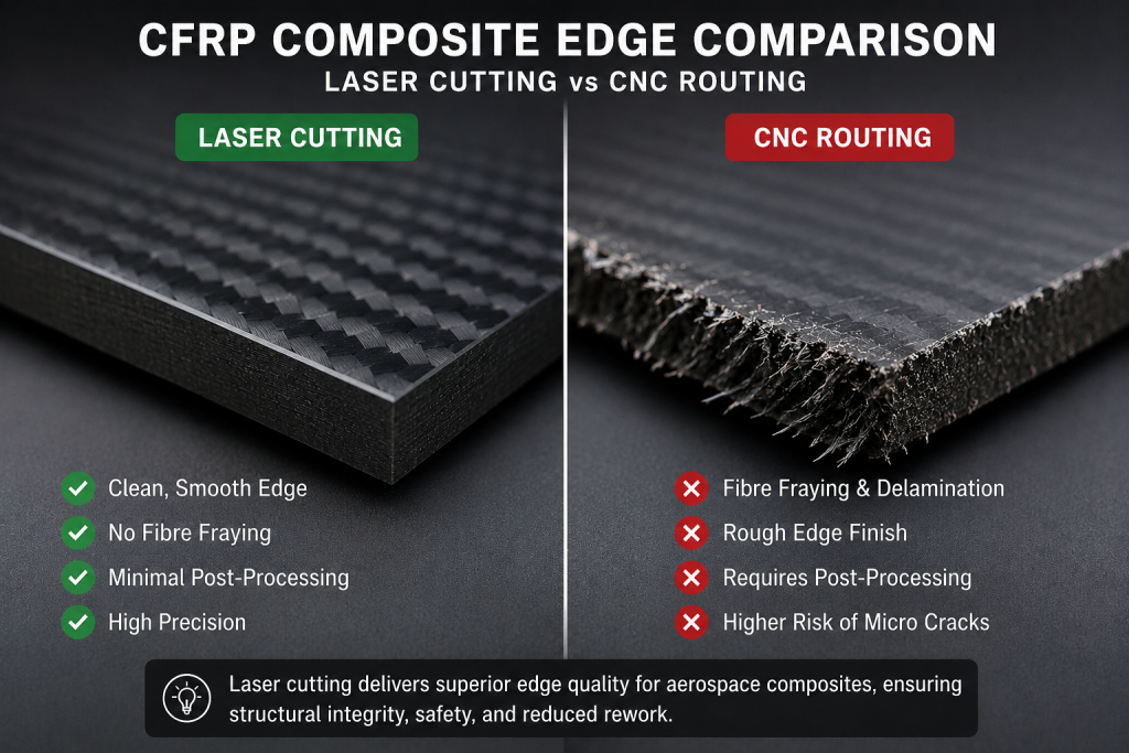 "CFRP composite edge comparison laser cutting vs CNC routing aerospace."
