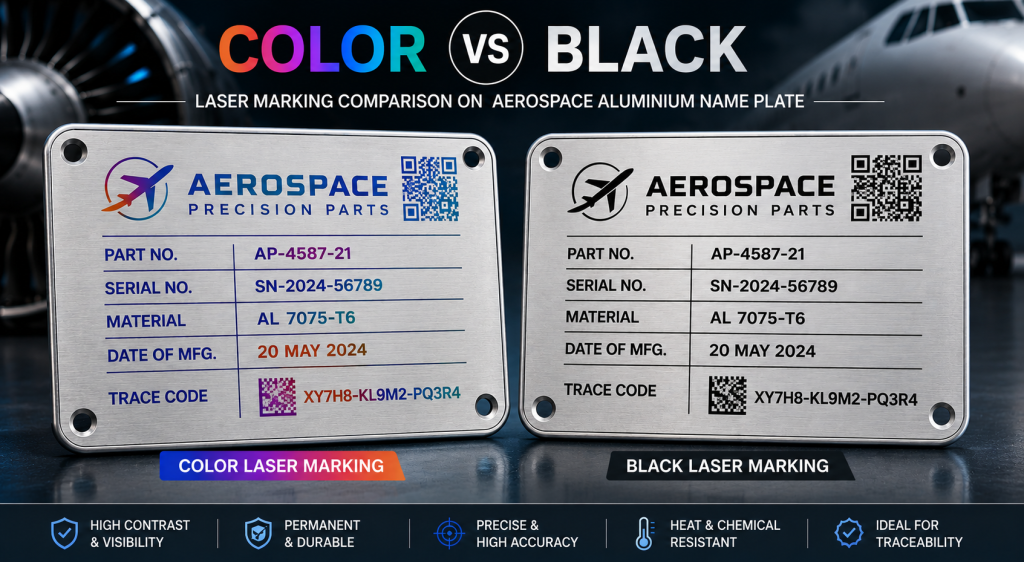 Colour vs black laser marking comparison on aerospace aluminium name plate