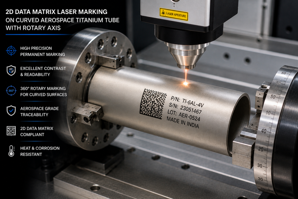 2D data matrix laser marking on curved aerospace titanium tube with rotary axis