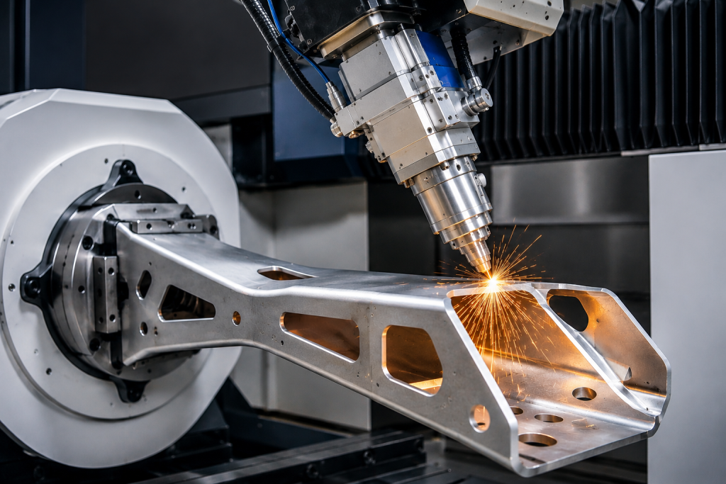 Multi-axis 3D tube laser cutting machine processing complex aerospace structural profile.