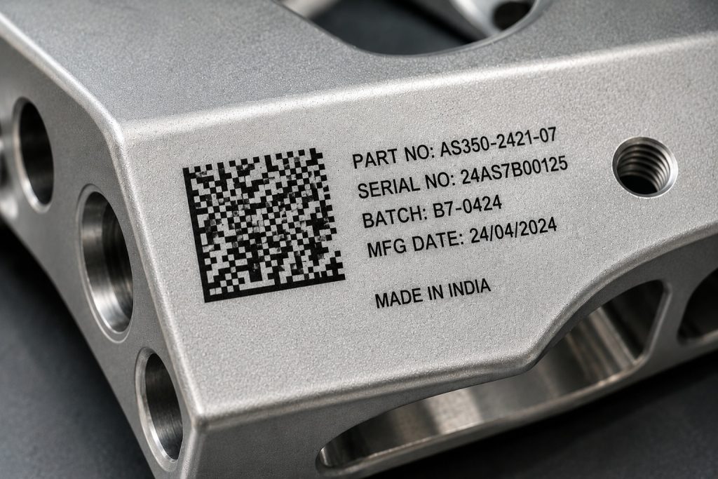 "Laser marking aerospace traceability serial number on aluminium part"