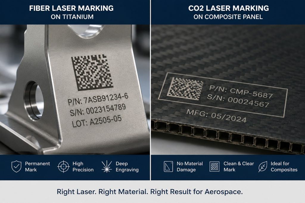 Fiber laser vs CO2 laser marking on aerospace titanium and composite materials